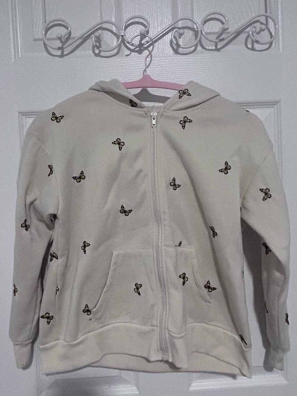 Self Esteem Cream Hoodie with Embroidered Butterflies. Size L